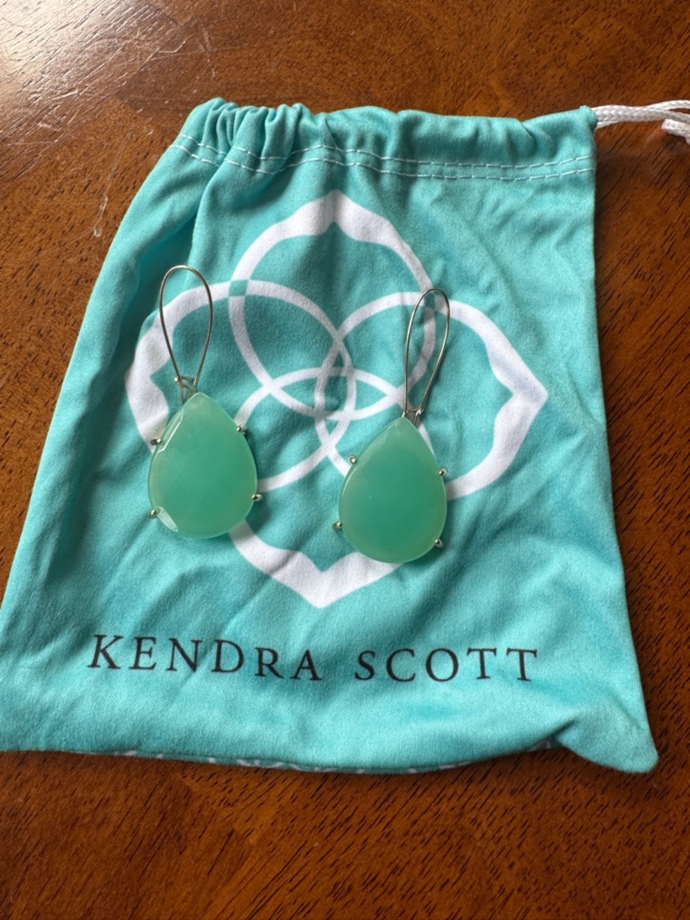 Kendra Scott Gold Teardrop Earrings with Light Teal Blue Stones